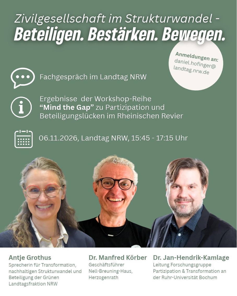 Einladung zum Fachgespräch im Landtag NRW über Partizipation im Strukturwandel mit Porträts von Antje Grothus, Dr. Manfred Körber und Dr. Jan-Hendrik-Kamlage.