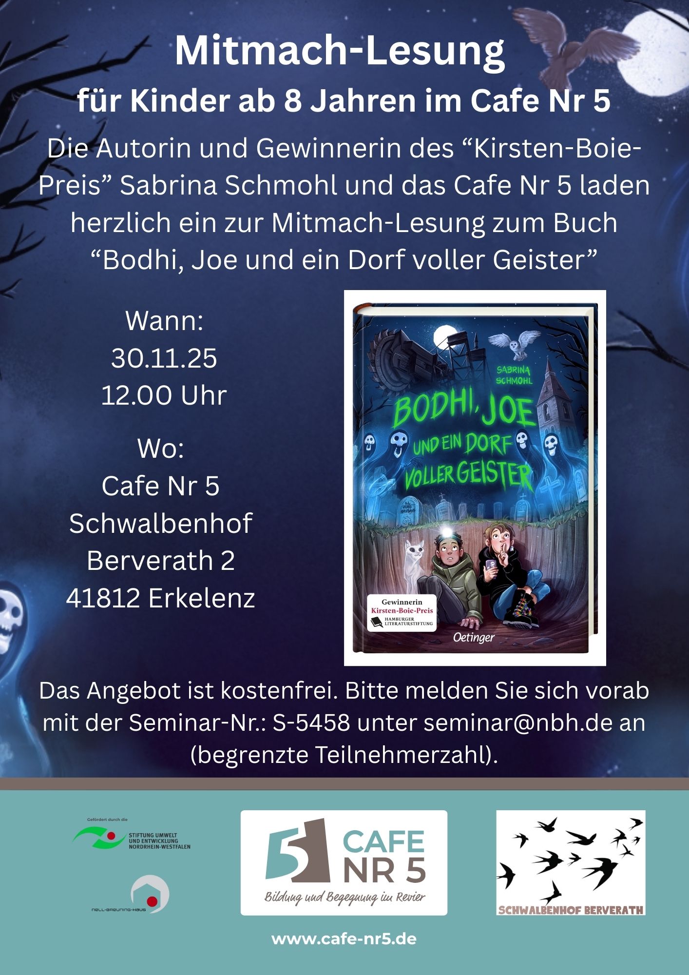 Flyer zur Lesung für Kinder ab 8 Jahren am 30.11 ab 12.00 Uhr im Cafe Nr 5