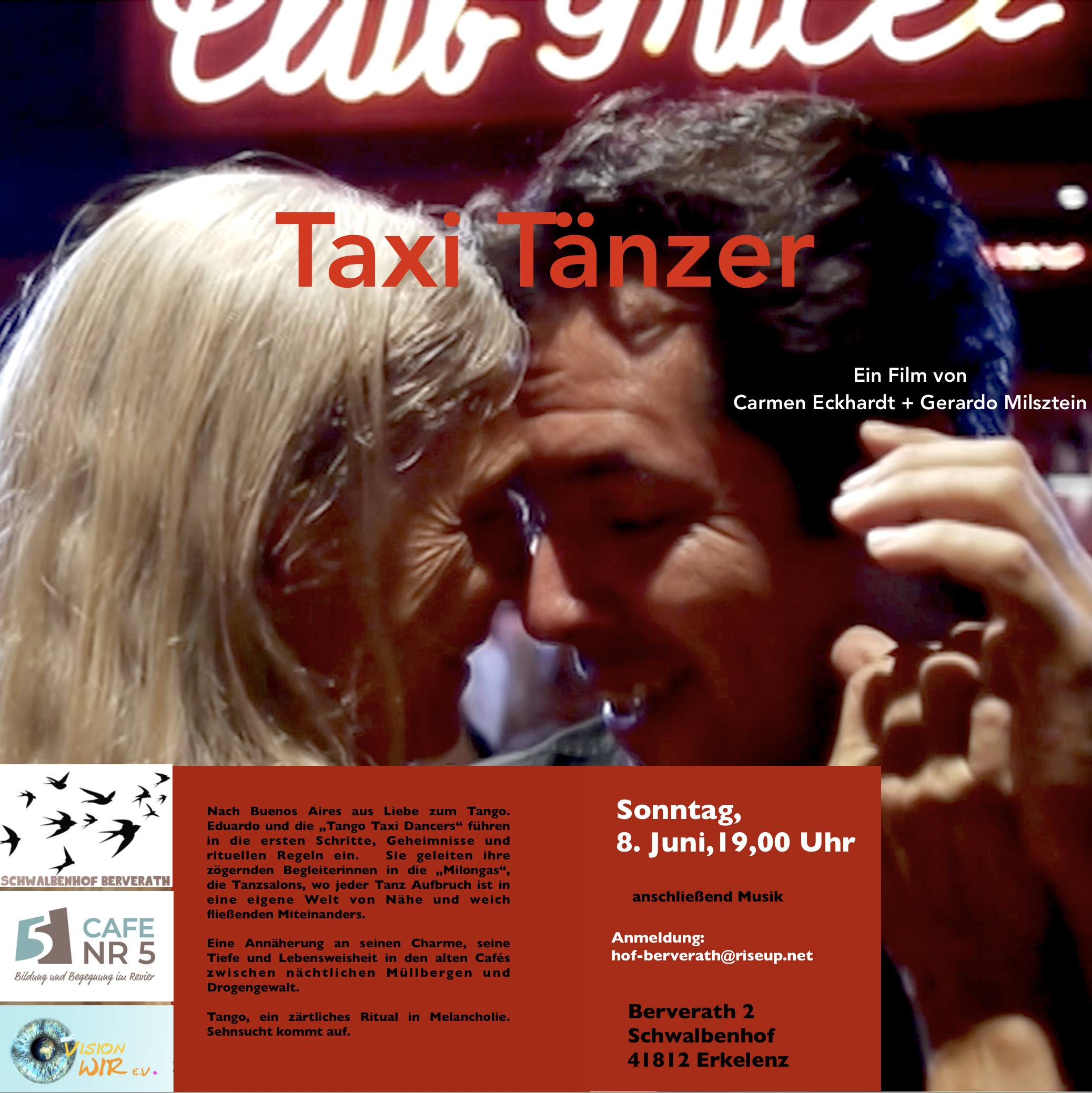Zwei Personen tanzen eng vor einem Club-Schild, Text: 'Taxi Tänzer' und Veranstaltungsdetails für 8. Juni, 19 Uhr im Schwalbenhof Berverath