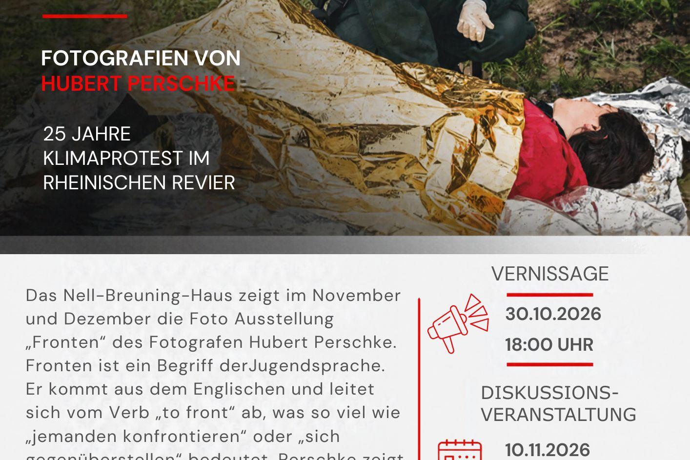 Plakat zur Foto-Ausstellung Fronten im Nell-Breuning-Haus mit einer Person in Rettungsdecke und Informationen zu Vernissage sowie Diskussionsrunde.