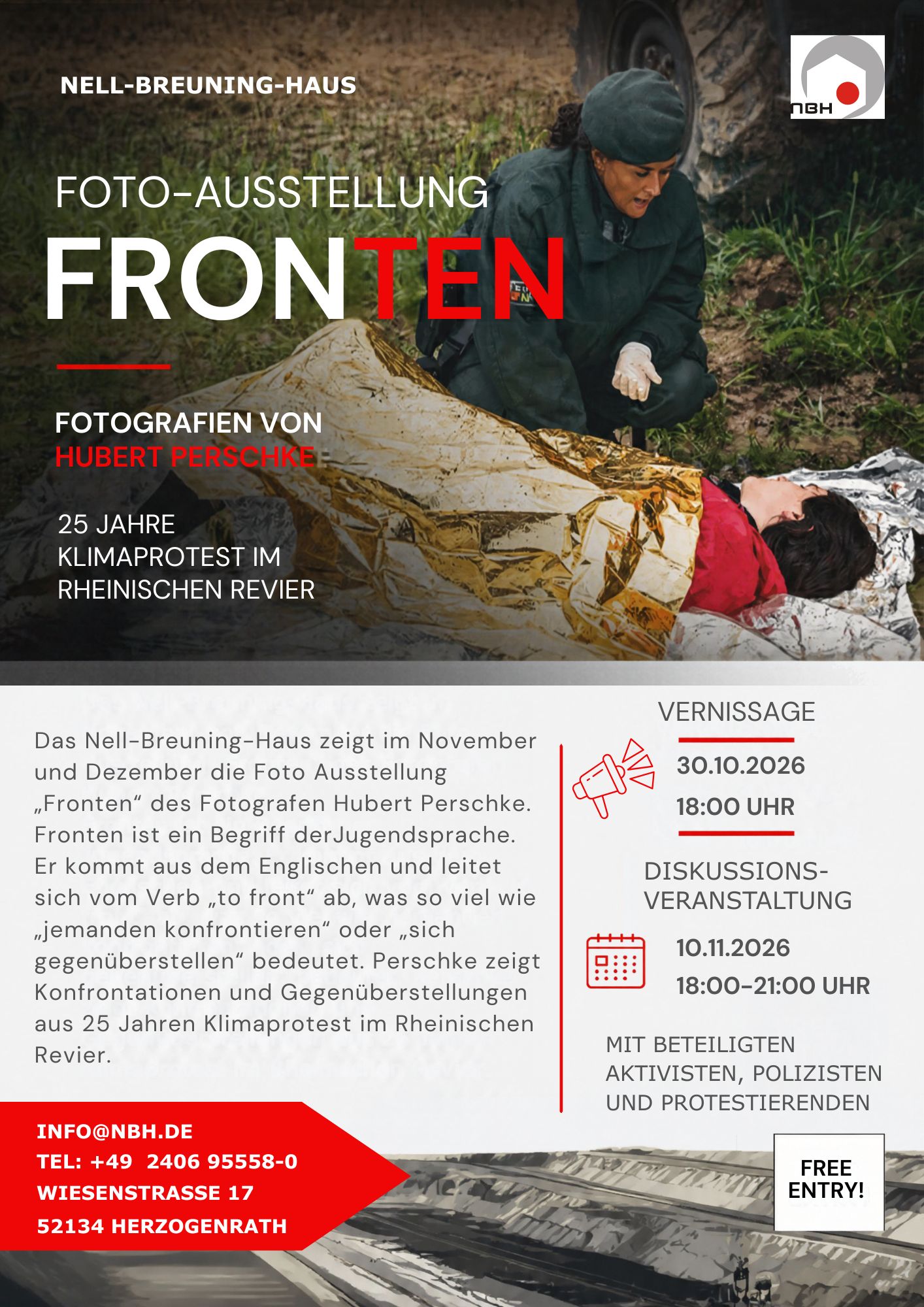 Plakat zur Foto-Ausstellung Fronten im Nell-Breuning-Haus mit einer Person in Rettungsdecke und Informationen zu Vernissage sowie Diskussionsrunde.