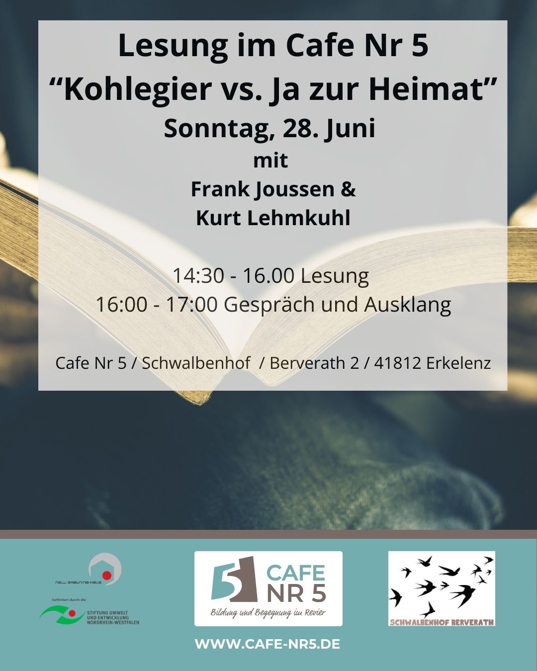 Flyer zur Lesung Kohlegier vs Heimat am 28.Juni im Cafe Nr 5