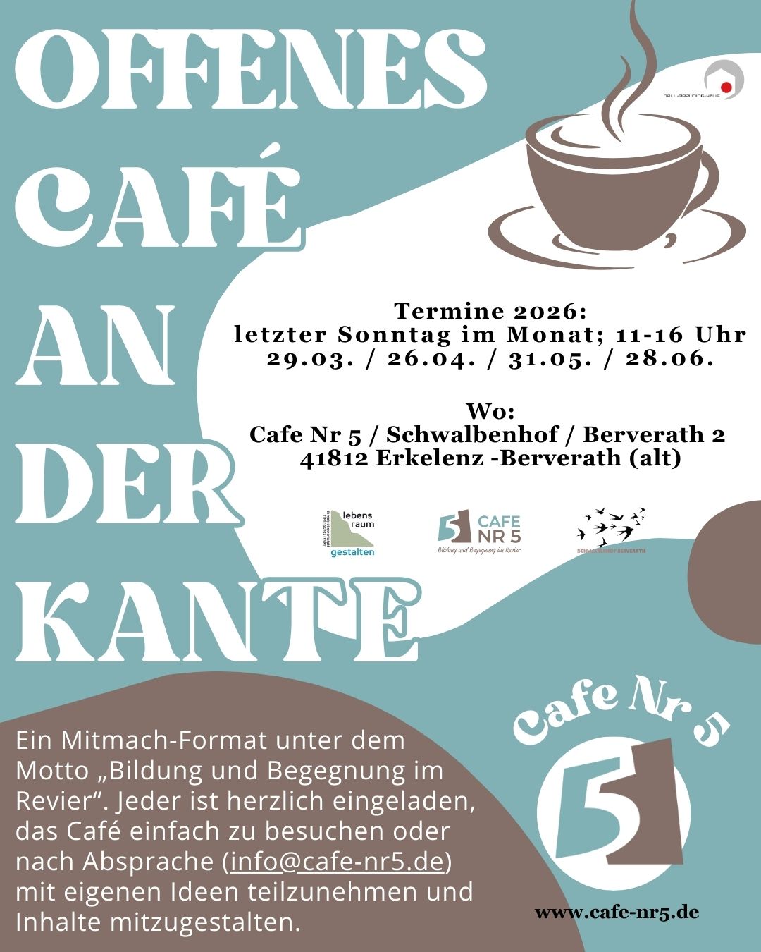 Einladung zum offenen Cafe an der Kante für 2026 im Schwalbenhof am 29.03 / 26.04 / 31.05 / 28.06