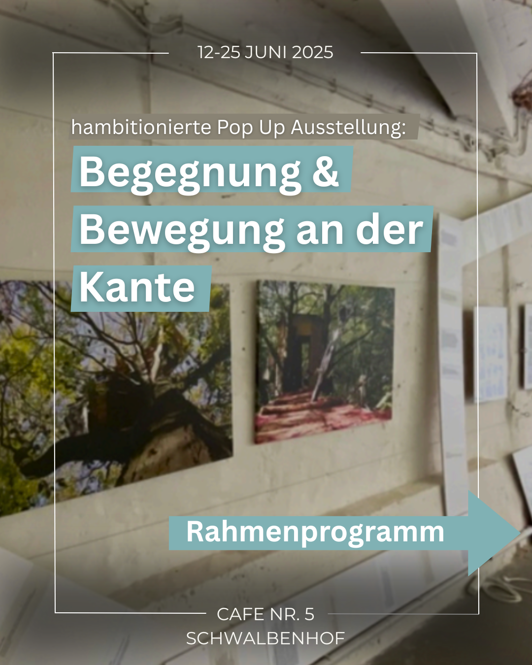 Ankündigung der Pop-up-Ausstellung 'Begegnung & Bewegung an der Kante' vom 12. bis 25. Juni 2025 im Cafe Nr. 5 Schwalbenhof mit Rahmenprogramm