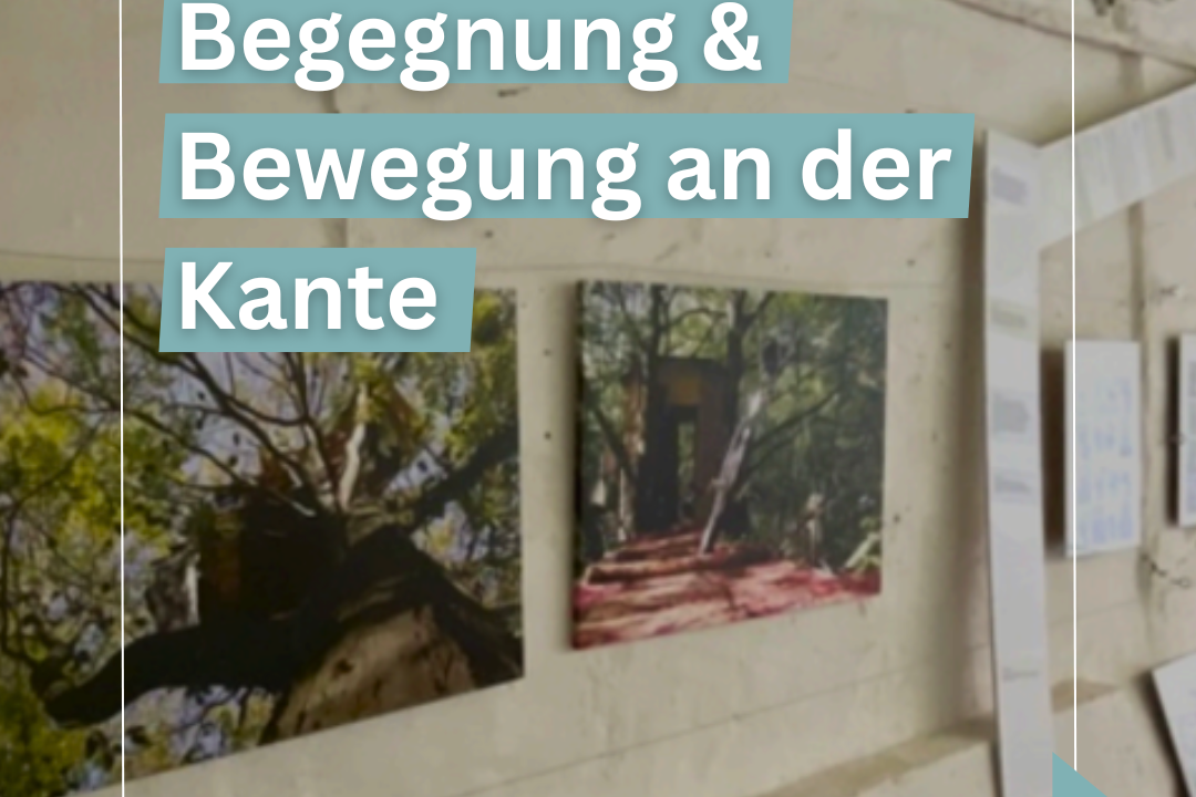Ankündigung der Pop-up-Ausstellung 'Begegnung & Bewegung an der Kante' vom 12. bis 25. Juni 2025 im Cafe Nr. 5 Schwalbenhof mit Rahmenprogramm