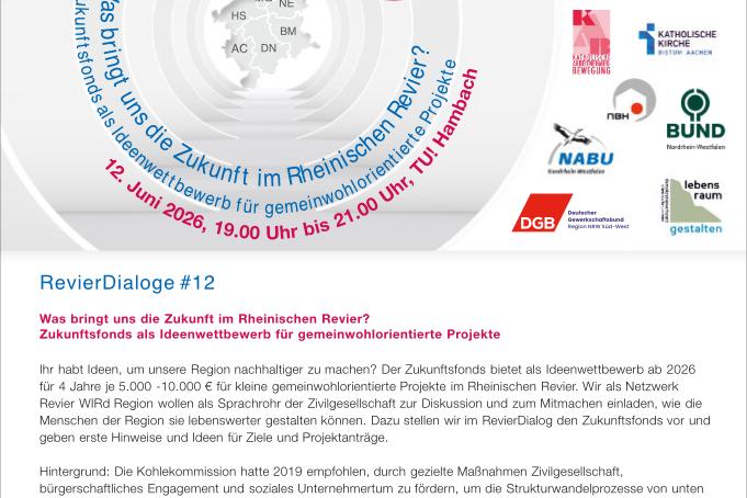 Revier Dialog#12 am 12.06.2026 von 19.00 Uhr bis 21.00 Uhr bei der TU! Hambach, Treffpunkt: ehemalige Kita, Ellener Straße 26, 52399 Bürgewald–Merzenich