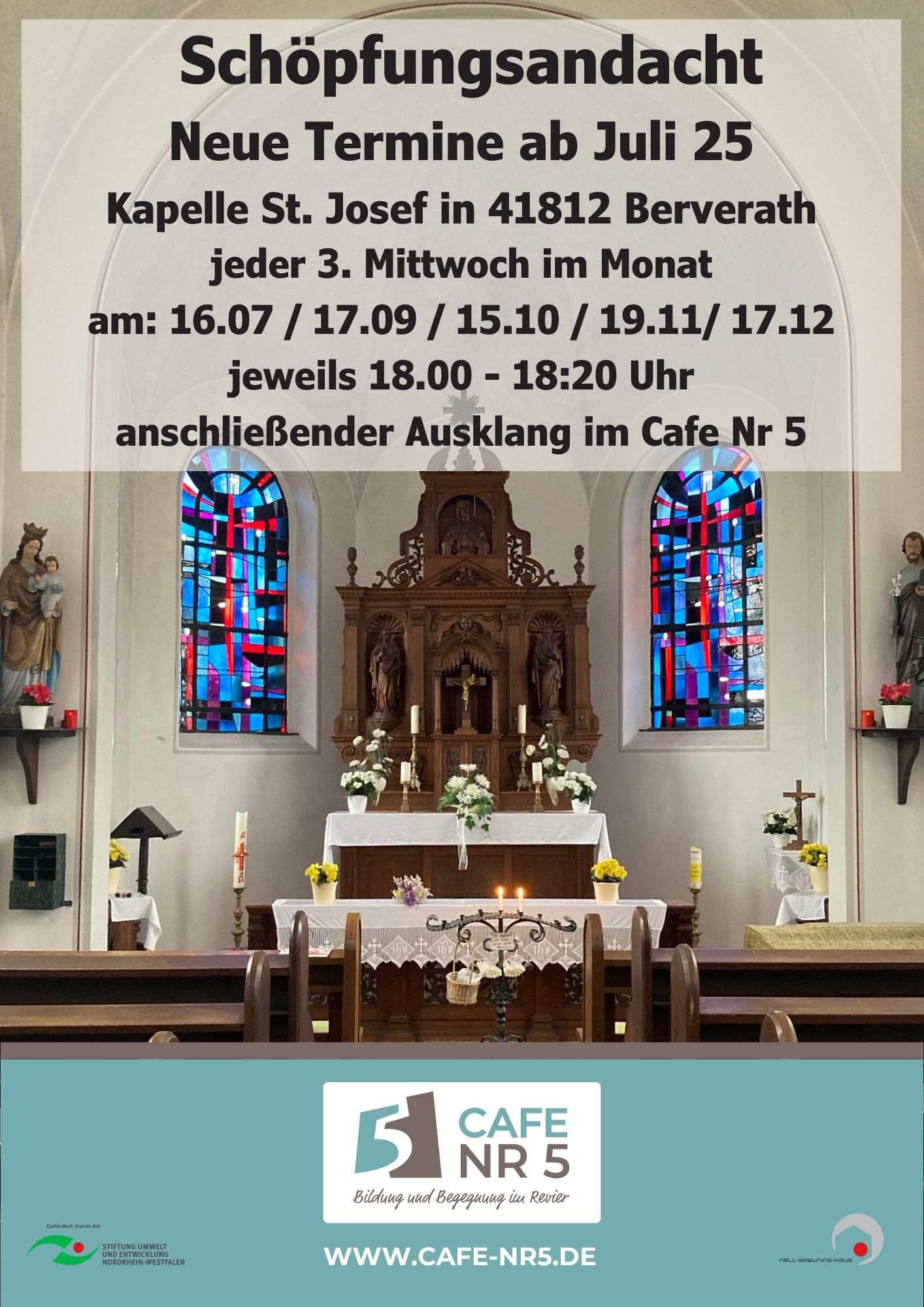 Flyer zur Andacht mit Informationen und Innenansicht der Kapelle